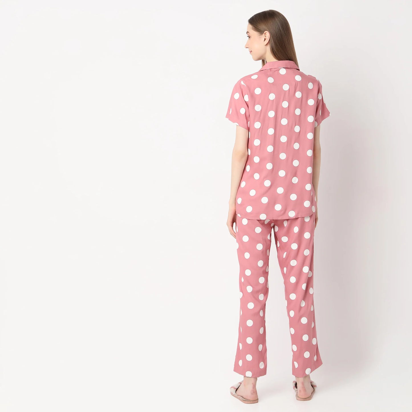 Woven Polka Dot Lapel Collar Shirt With Pyjama Sleepwear Set