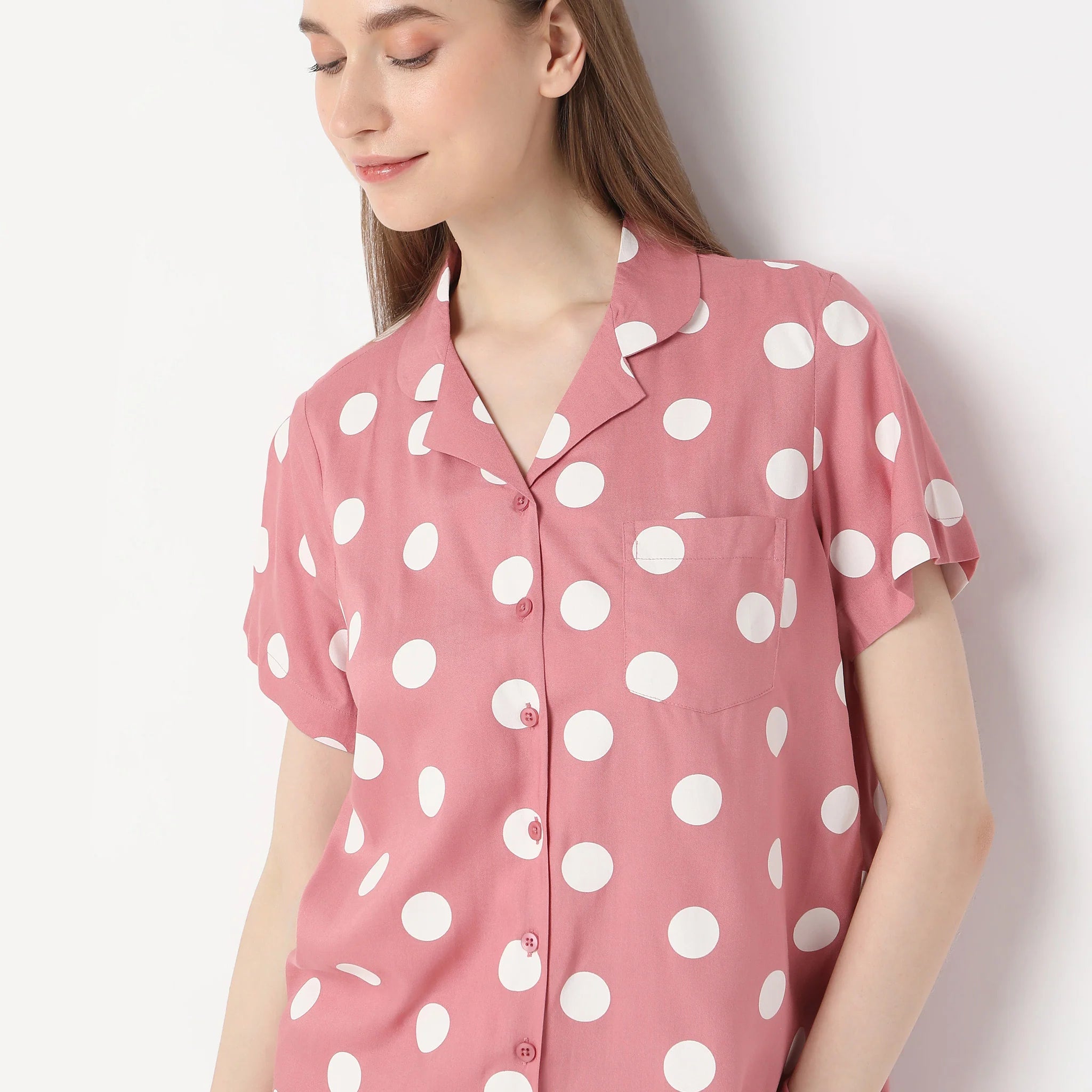 Woven Polka Dot Lapel Collar Shirt With Pyjama Sleepwear Set