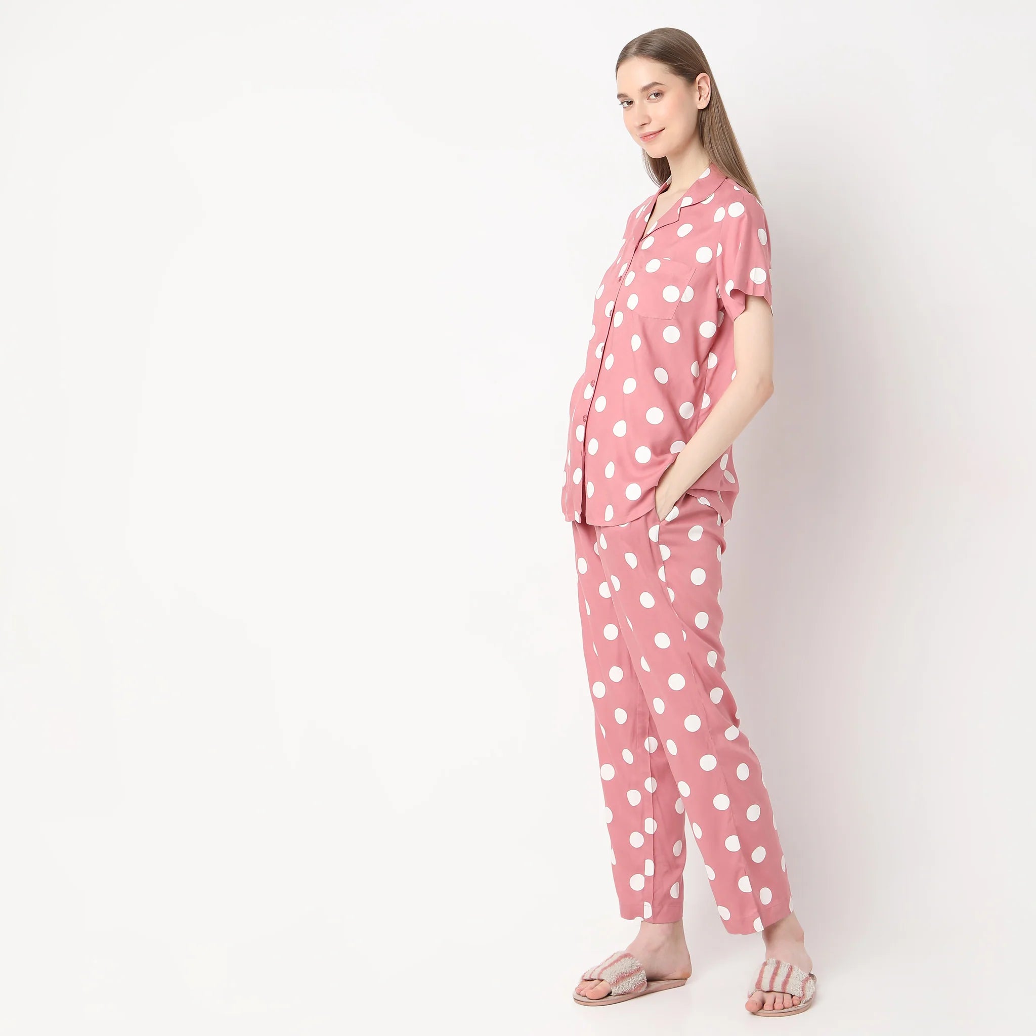 Woven Polka Dot Lapel Collar Shirt With Pyjama Sleepwear Set