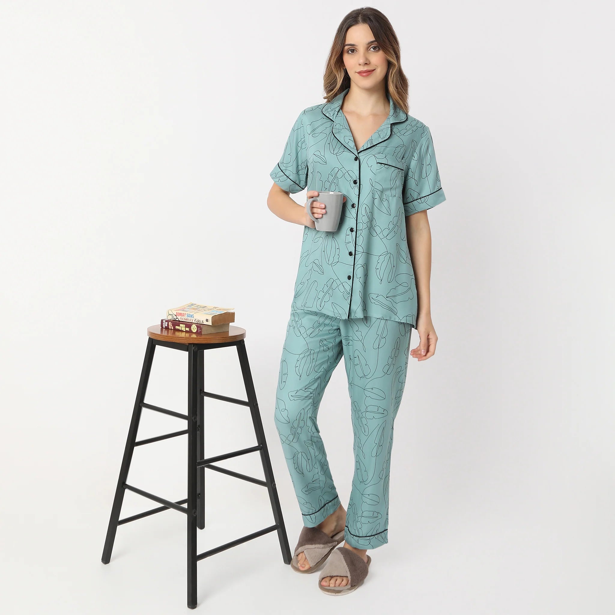 Printed Lapel Collar Short Sleeve Shirt With Pyjama Sleepwear Set