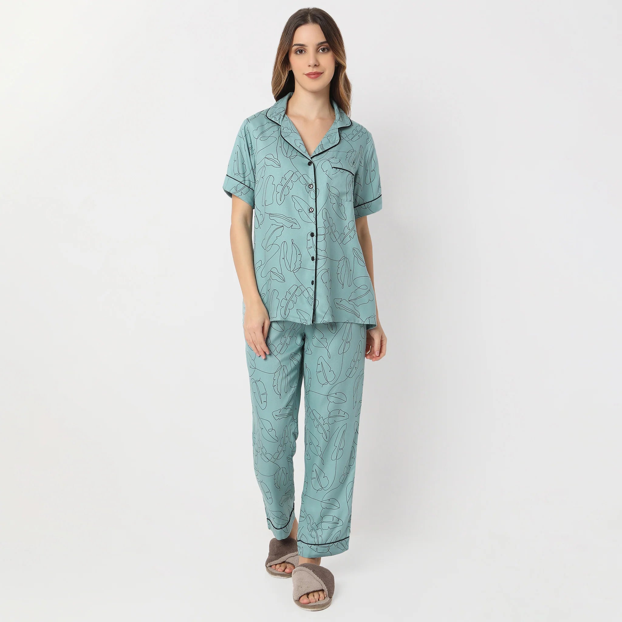 Printed Lapel Collar Short Sleeve Shirt With Pyjama Sleepwear Set