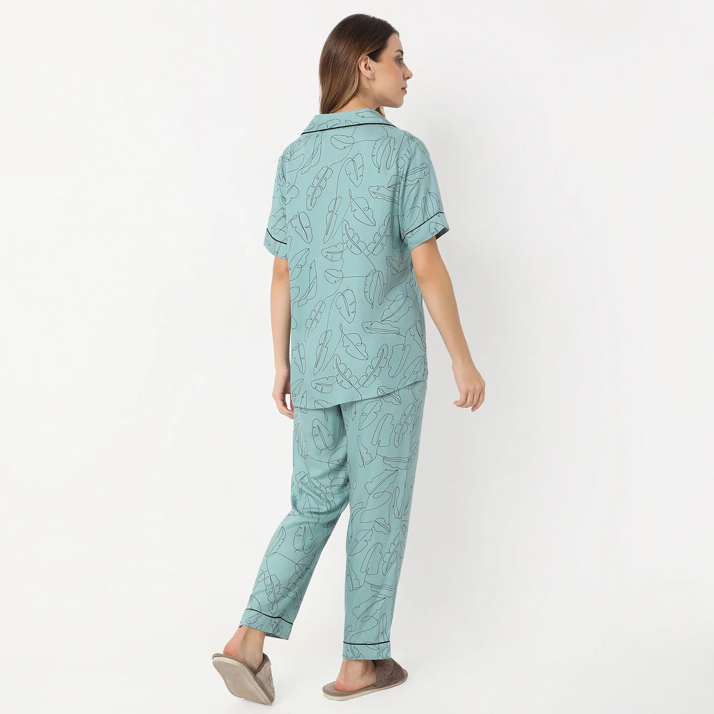 Printed Lapel Collar Short Sleeve Shirt With Pyjama Sleepwear Set