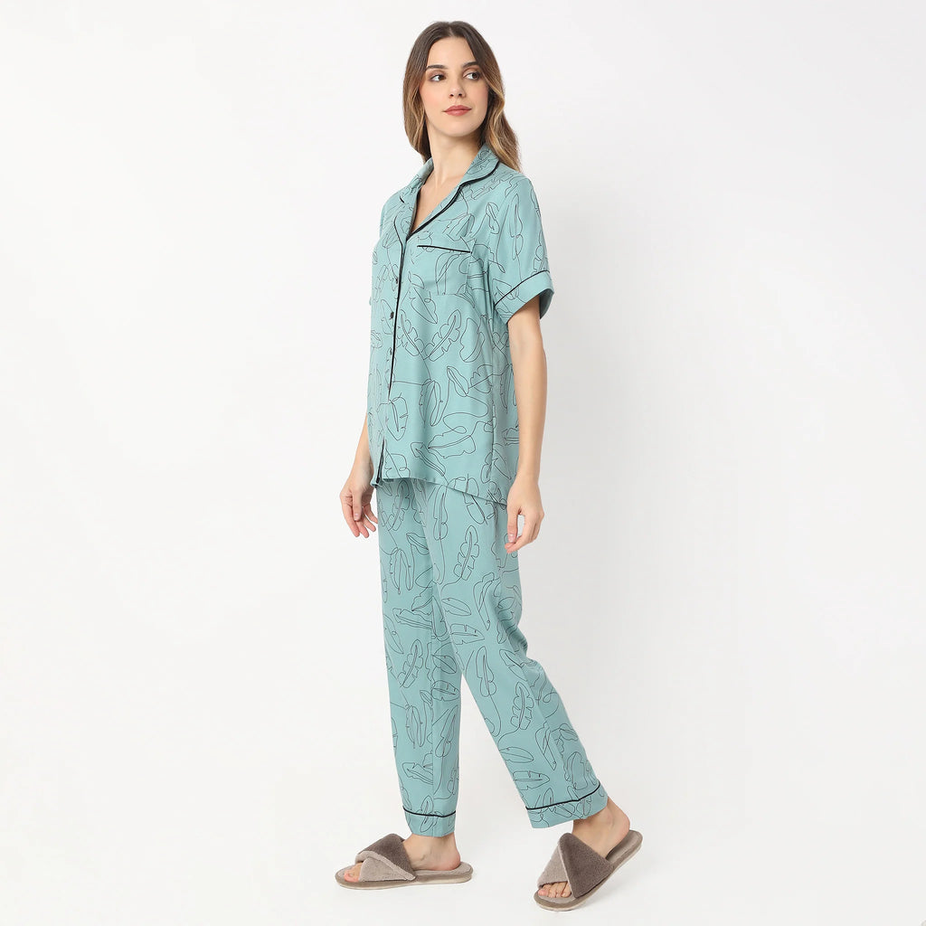 Printed Lapel Collar Short Sleeve Shirt With Pyjama Sleepwear Set