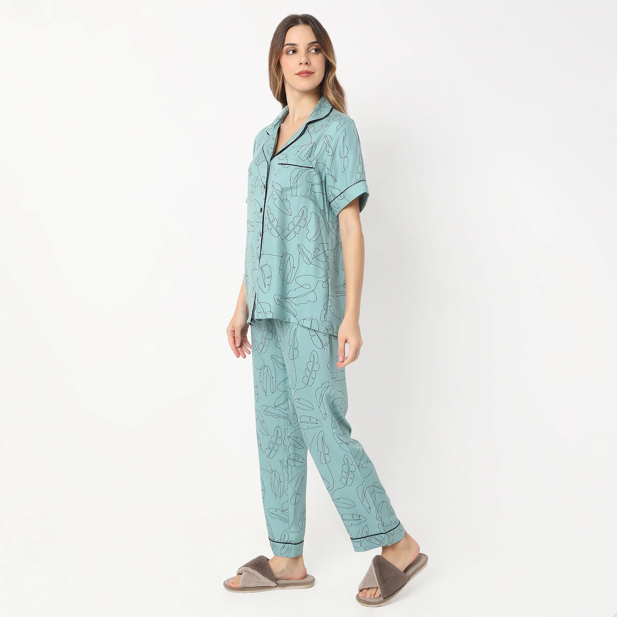 Printed Lapel Collar Short Sleeve Shirt With Pyjama Sleepwear Set