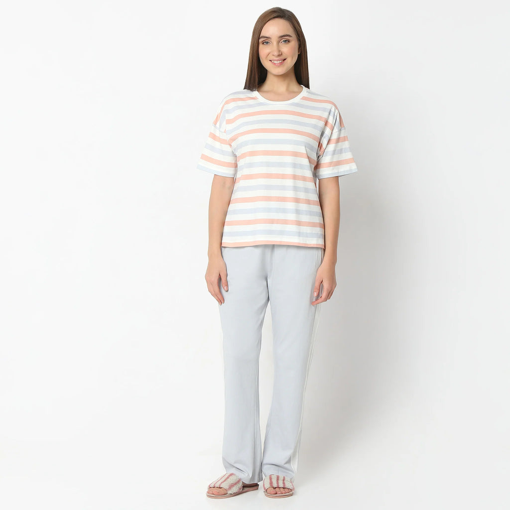 Striped Round Neck Short Sleeve T-Shirt With Pyjama Sleepwear Set
