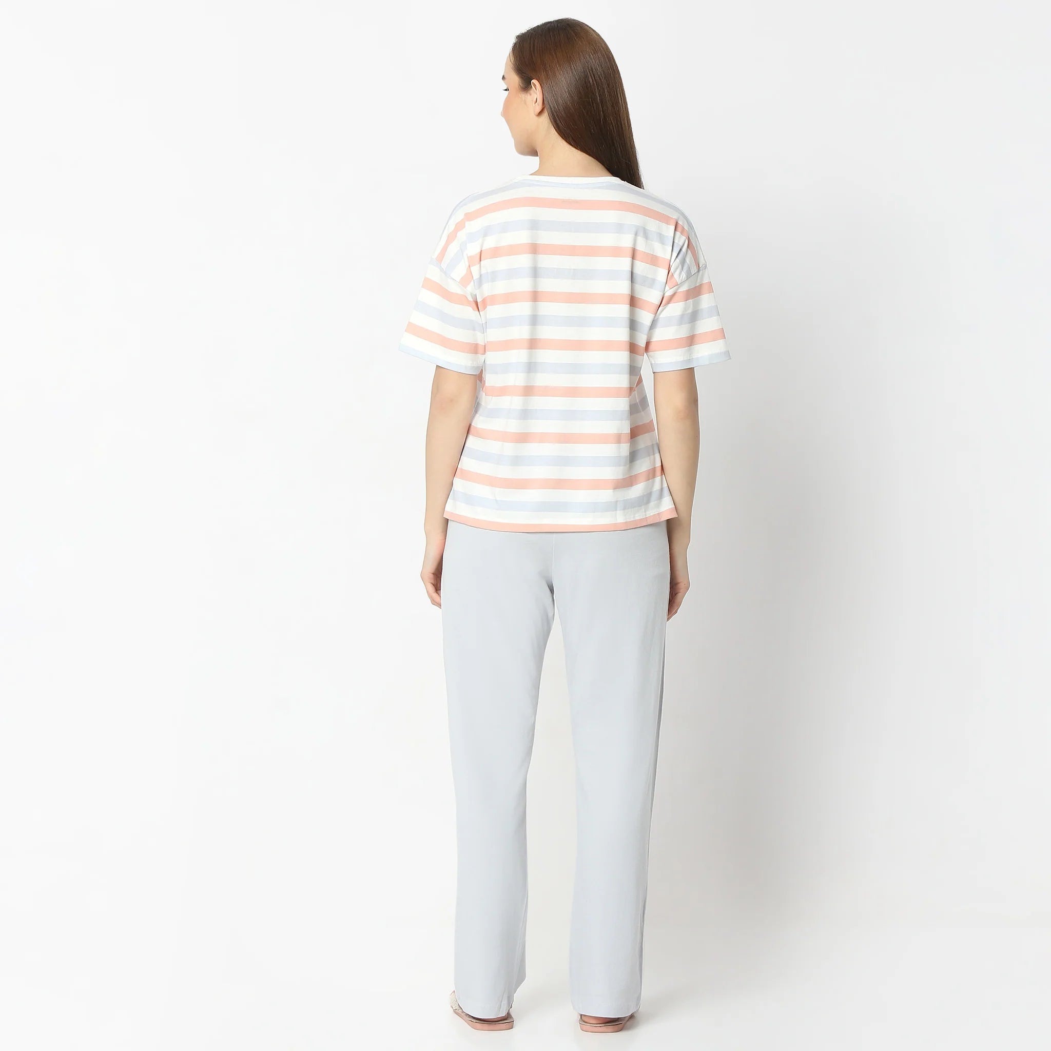 Striped Round Neck Short Sleeve T-Shirt With Pyjama Sleepwear Set