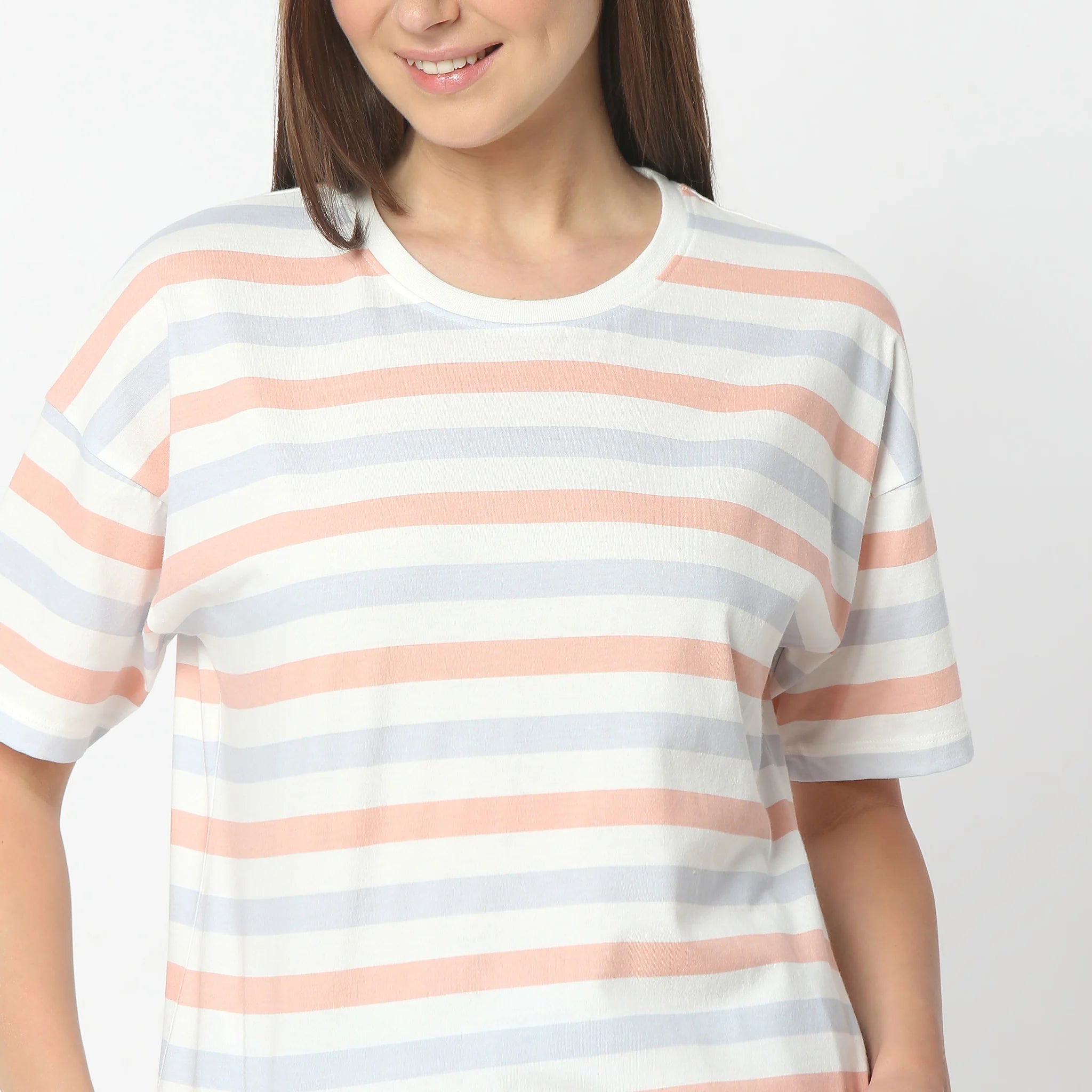 Striped Round Neck Short Sleeve T-Shirt With Pyjama Sleepwear Set
