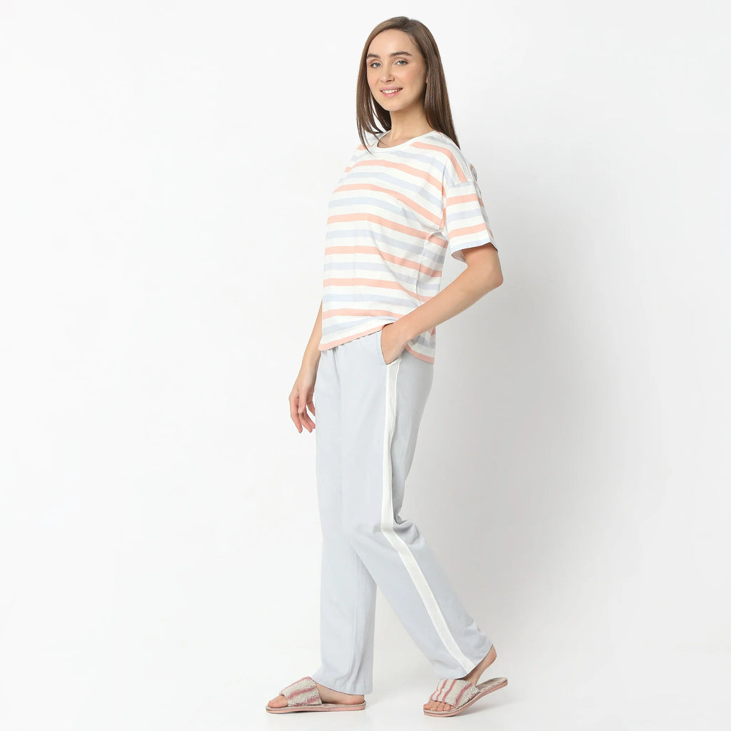 Striped Round Neck Short Sleeve T-Shirt With Pyjama Sleepwear Set