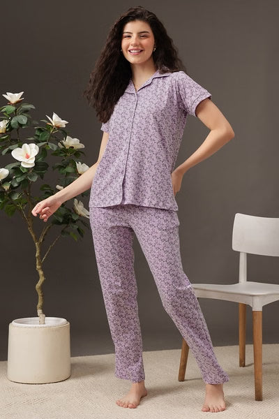 Floral Print Button-Down Shirt & Pyjama Set in Lilac Colour - 100% Cotton