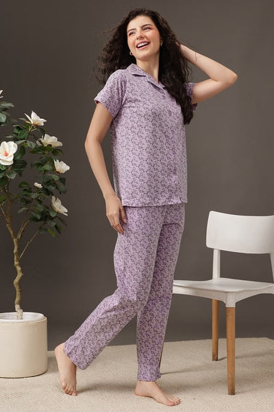 Floral Print Button-Down Shirt & Pyjama Set in Lilac Colour - 100% Cotton