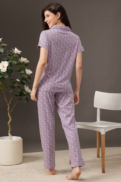 Floral Print Button-Down Shirt & Pyjama Set in Lilac Colour - 100% Cotton