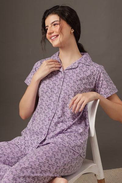 Floral Print Button-Down Shirt & Pyjama Set in Lilac Colour - 100% Cotton