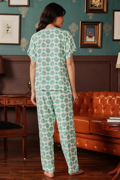 Floral Print Top & Pyjama Set in White - Rayon