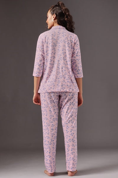 Floral Print Button-Down Shirt & Pyjama Set in Baby Pink - 100% Cotton