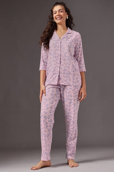Floral Print Button-Down Shirt & Pyjama Set in Baby Pink - 100% Cotton
