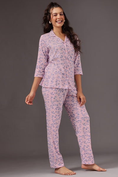Floral Print Button-Down Shirt & Pyjama Set in Baby Pink - 100% Cotton