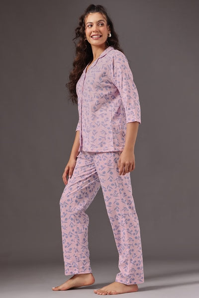 Floral Print Button-Down Shirt & Pyjama Set in Baby Pink - 100% Cotton