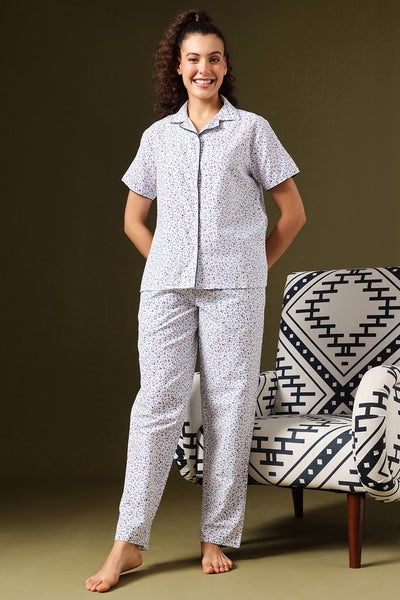 Floral Print Button-Down Night Suit in White - Cotton Rich
