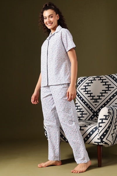 Floral Print Button-Down Night Suit in White - Cotton Rich
