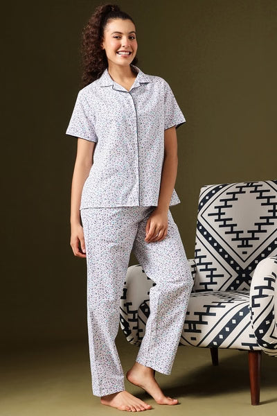 Floral Print Button-Down Night Suit in White - Cotton Rich