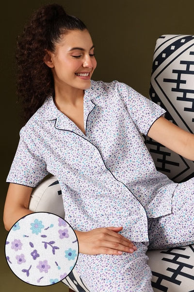 Floral Print Button-Down Night Suit in White - Cotton Rich