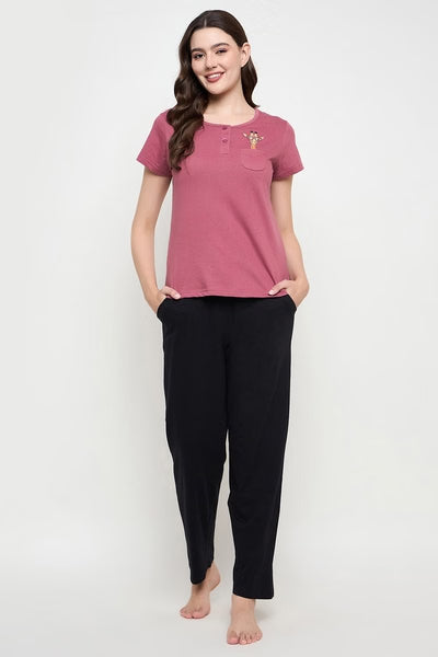 Giraffe Emoji Print Top & Solid Pyjama Set 100% Cotton