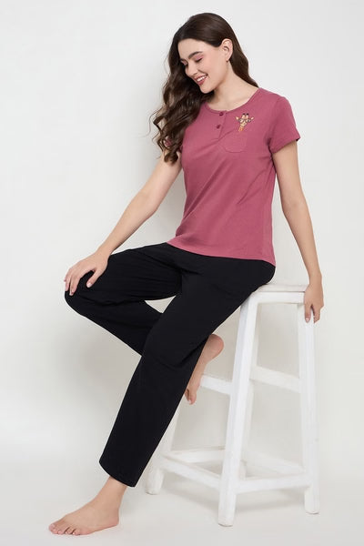 Giraffe Emoji Print Top & Solid Pyjama Set 100% Cotton