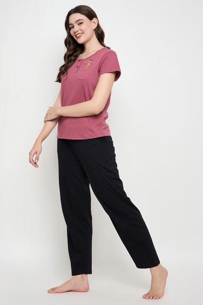 Giraffe Emoji Print Top & Solid Pyjama Set 100% Cotton