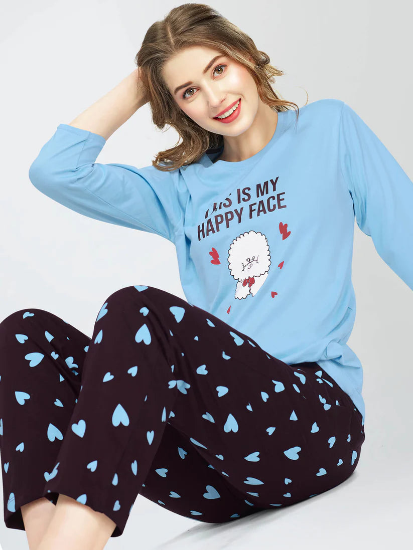 ZEYO Night Suit for Women's Heart Printed Cotton Night Dress of Top and Pajama set