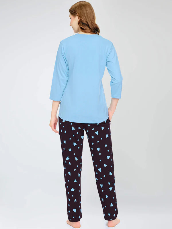 ZEYO Night Suit for Women's Heart Printed Cotton Night Dress of Top and Pajama set