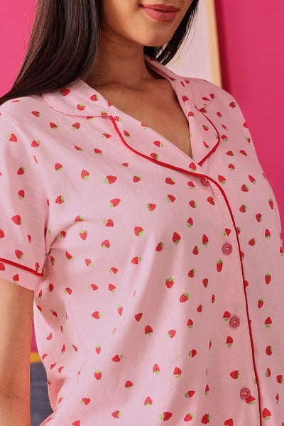 Strawberry Print Button Down Night Suit