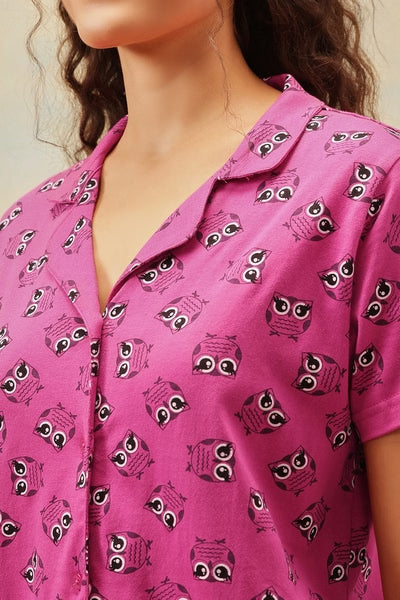 Owl Print Button Down Night Suit
